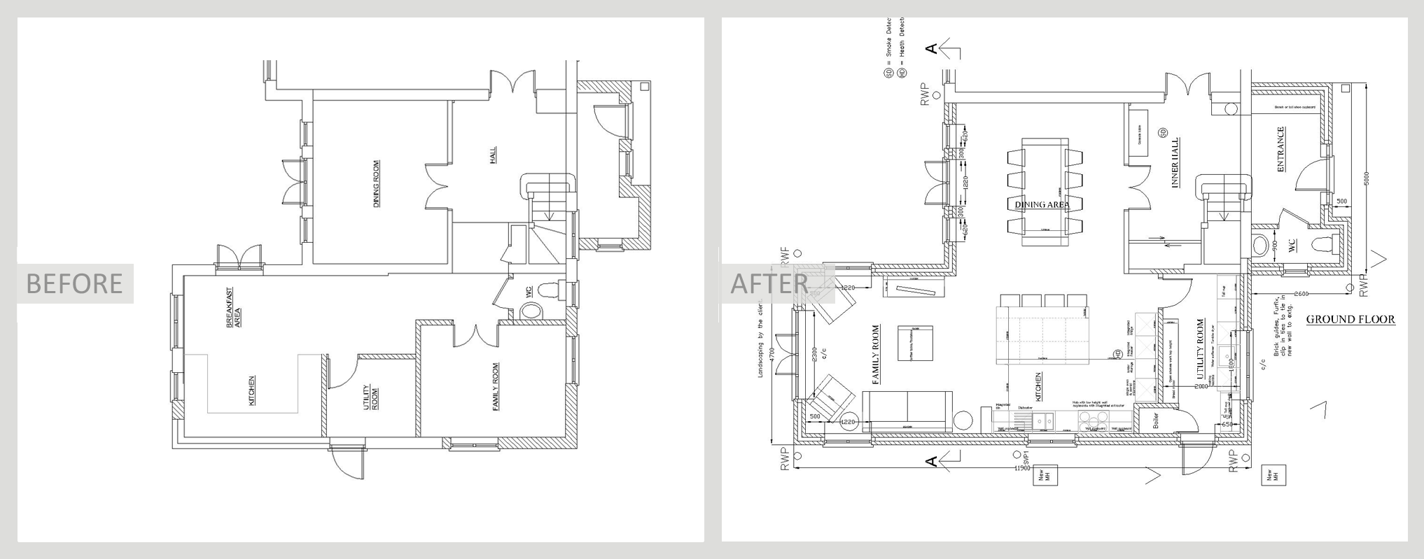 Before and after space planning example.